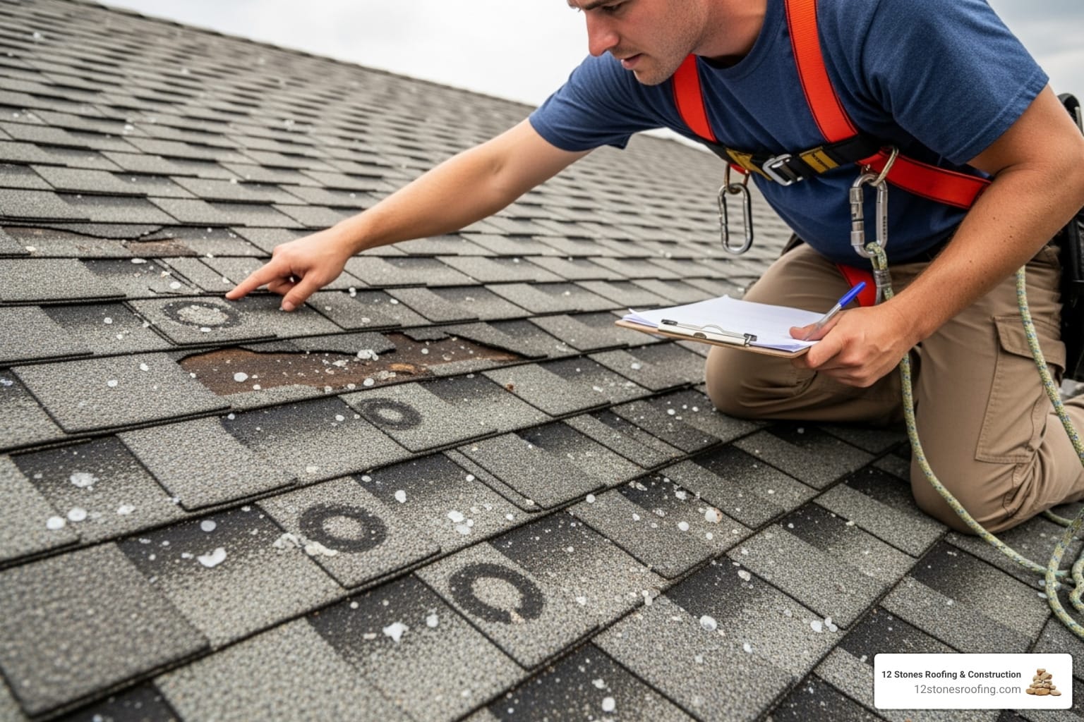 Roofer inspecting storm damage on a Texas roof
