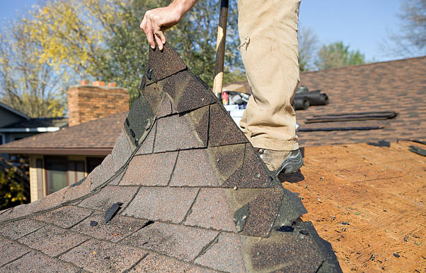 A contractor on ladder inspecting shingles, Roofing in Dallas County